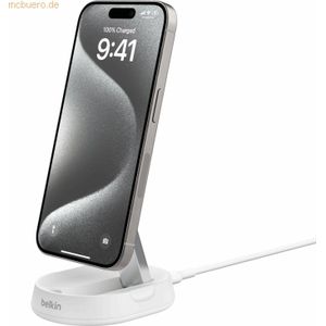 Belkin BoostCharge Pro Magnetische en opvouwbare draadloze oplader, Qi2 15W oplader, Qi2 oplaadstandaard, MagSafe-compatibele inductie-oplader, voor Apple iPhone 16/15/14, AirPods Pro, wit
