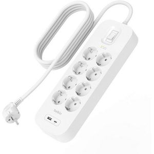 Belkin - Spanningsbeveiliger - 8 Stopcontacten - Monteerbare Stekkerdoos - 2 m Voedingskabel - USB-C en USB-A Poort - Beveiliging tot 900 Joule