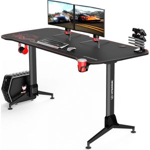 ULTRADESK Groot | Computerbureau Gaming Desk Net voor kabelbeheer | Bekerhouder, gamingrek met 4 USB-poorten, hoogteverstelling op 3 niveaus | Stalen frame, rood kussen, 160x75 cm