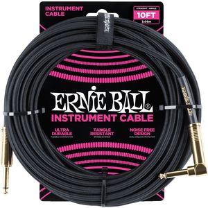Ernie Ball Geassembleerde kabels voor muziekinstrumenten 6081 gevlochten kabel zwartgouden uiteinden 3,05 m, 10ft, Recht/Gehoekt
