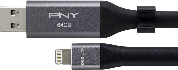 PNY 64 GB OTG Duo-Link 3.0 Flash Drive voor Apple iPhone/iPad, Metaal Grijs