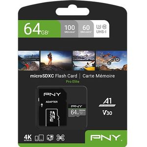 PNY Pro Elite MicroSDXC-kaart, 64 GB, Class 10, UHS-I U3, 100 MB/s, A1 V30