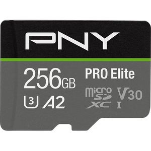 PNY Pro Elite microSDXC-geheugenkaart 256 GB + SD-adapter, klasse 10 UHS-1, U3, V30 voor 4K video's, A2-app-prestaties, leessnelheid tot 100 MB/s, zwart