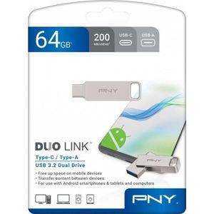 PNY - DUO LINK - USB-stick - Grijs - Roestvrij staal - 64 GB