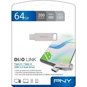PNY 64 GB DUO LINK USB 3.2 Type-C dubbele flashdrive voor Android-apparaten en computers - externe mobiele opslag voor foto's, video's en meer - 200 MB/s
