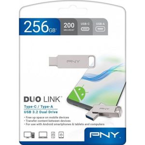 PNY 256 GB DUO LINK USB 3.2 Type-C dubbele flashdrive voor Android-apparaten en computers - Externe mobiele opslag voor foto's, video's en meer - 200 MB/s