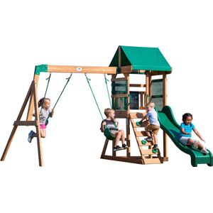 Backyard Discovery Buckley Hill Speeltoestel - Speeltoren met Schommels, Glijbaan, Zandbak en Klimladder - Speelhuis met verdieping van hout voor de tuin / buiten