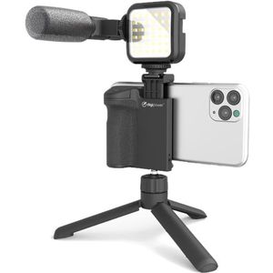 DigiPower Vlogging Follow Me Kit met led-videolamp + microfoon + cameragreep met telefoonhouder + mini-statief compatibel met TikTok smartphones, YouTube, streaming in