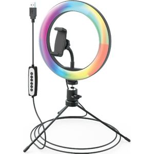 DigiPower 10 inch RGB ringlamp met 3 verlichtingsmodi, 15 RGB-kleuren en 10 helderheidsniveaus, smartphonehouder (iOS/Android), voor make-up, YouTube, TikTok en Vlogging, DP-VRL10RGB, zwart