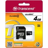 Transcend - MicroSD Kaart - 4GB - Zwart - Class 4 - Inclusief Adapter