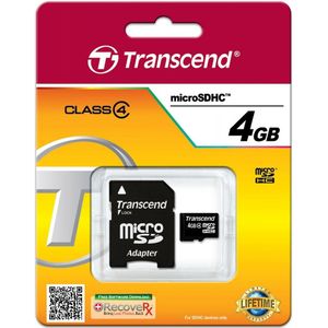 Transcend - MicroSD Kaart - 4GB - Zwart - Class 4 - Inclusief Adapter