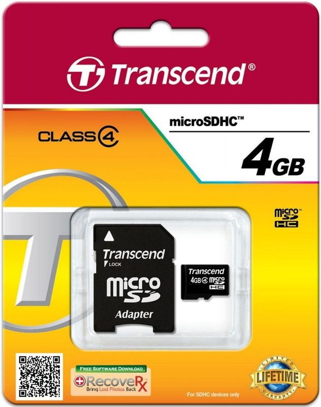 Transcend - MicroSD Kaart - 4GB - Zwart - Class 4 - Inclusief Adapter
