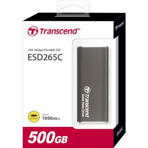 Transcend SSD 500GB Transcend ESD265C Draagbaar, USB 10Gbps, Type-C (500 GB), Externe SSD, Grijs