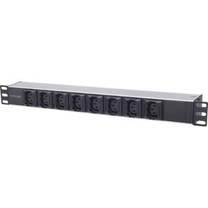Intellinet 163651 19"" 8-voudige stekkerdoos, C13-stopcontacten en kabelklemmen (PDU met afneembare stroomkabel 2 m, C14-stroomingang), 1U, zwart/zilver