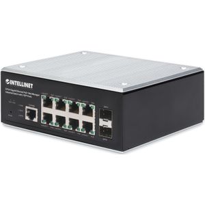 Intellinet 8-poorts Gigabit Ethernet PoE+ Web-Managed Industriële Schakelaar met 2 SFP-poorten (8 Havens), Netwerkschakelaar, Zwart