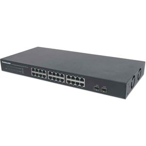 Intellinet 24-Port Gigabit Ethernet Switch mit 2 SFP-Ports 24 x 10/100/1000 Mbit/s RJ45-Ports + 2 x SFP IEEE... (24 Havens), Netwerkschakelaar, Zwart