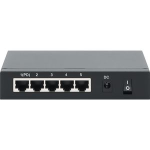 INTELLINET 561082 5-poorts Switch Power over Ethernet - Gigabit PoE+ injector 240 V, passsthrough, PoE+ adapter met 200 m bereik, ventilatorvrij en stil - zwart