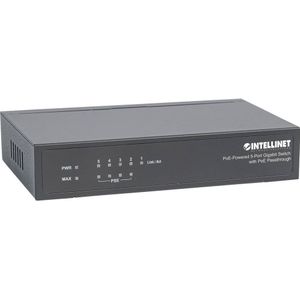INTELLINET 561082 5-Port Switch Power over Ethernet - Gigabit PoE+ Injektor 240V, Passthrough, PoE+ Adapter mit 200m Reichweite, lüfterfrei & leise - Schwarz