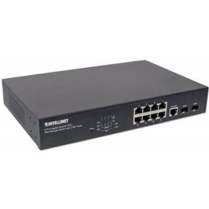 Intellinet 8Port Gigabit Ethernet WebManaged PoE Switch SFPPorts Endspan Desktop 19 Rackmount (8 Havens), Netwerkschakelaar, Zwart