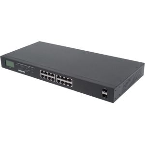 Intellinet 16Port Gigabit Ethernet PoE Switch met 2 DDR4-poorten LCDscherm IEEE 802.3at/af Power over Ethernet (PoE/PoE) conform 370 W eindspan 19 Rackmount 19 inch 561259 zwart