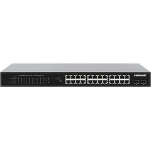 Intellinet 24-poorts Gigabit Ethernet PoE+ Switch met 2 SFP-poorten IEEE 802.3at/af (PoE+/PoE)-conform, PoE-stroombudget 370 W, twee 1G SFP-sleuven, 19 inch rackmount