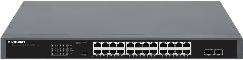 Intellinet - 24-poorts Gigabit PoE+ - Netwerkschakelaar - Zwart - 370W PoE-vermogen, 24 x RJ45, 2 x SFP