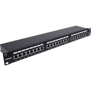 Intellinet 720861 24-Port Cat6a patchpaneel, afgeschermd FTP, 1 HE, klemlijsten met 90 graden schuine kabelinvoeringen, zwart