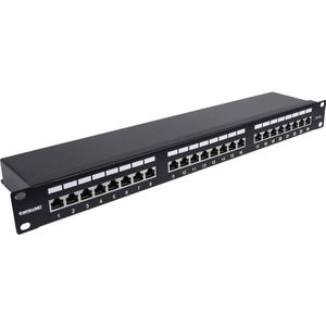 Intellinet Patchpanel CAT6a 24 Port afgeschermd FTP 1HE met 90° schuine kabelinvoeringen, zwart 720861