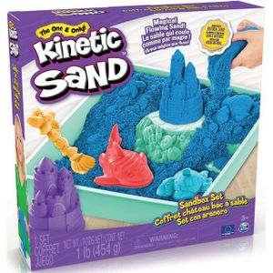 Kinetic Sand - Zandbak-set met 454 g blauw origineel kinetisch zand opbergzandbak 4 vormen en gereedschap - Sensorisch speelgoed