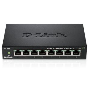 D-Link DES-108 Switch met 8 poorten, ethernet, metaal, 10/100 Mbps, ideaal voor het delen van verbindingen en netwerk, klein/thuiskantoor, zwart