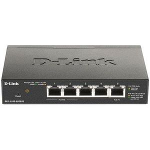 D-Link DGS-1100 Series 5-Port Gigabit PoE‑Powered Smart Managed Switch met 2 PoE Poorten, PoE powered, PoE-passthrough, 802.3af, VLAN support, layer 2 features, QoS, 802.3az EEE, Fanless