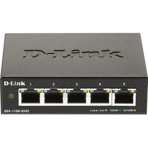 D-Link DGS-1100-05V2 5-poorts Smart Gigabit beheerbare switch met VLAN-ondersteuning, Layer 2-functies, QoS, 802.3az EEE, zonder ventilator