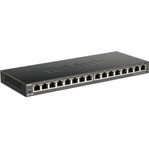 D-Link 16-Port Gigabit Unmanaged Switch, Fanless, Low Profile, Metalen Behuizing, Desktop/Wall Mount, Plug & Play, 802.1p QoS, 802.3az EEE