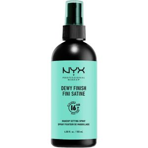 NYX Professional Makeup Dewy Finish Fixeerspray, afwerkingsspray, langdurige houdbaarheid, satijnen afwerking, veganistische formule, maxi-formaat 180 ml, model: Dewy