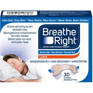 Breathe Right Anti Snurk Neusstrips - Neusspreider - Neuspleisters - Normale Huid - Large 30 stuks - Huidskleurig - Goede Nachtrust - Huidvriendelijk - Ideaal bij Verkoudheid en Allergieën