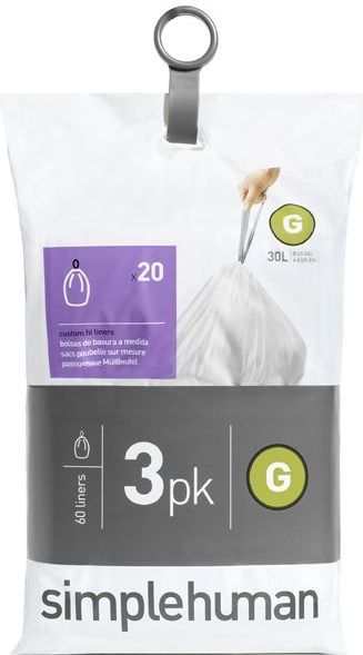 simplehuman CW0257 code G maatwerk afvalzakken, vuilniszakken, 30 liter, 3 x pak van 20 (60 afvalzakken), wit plastic
