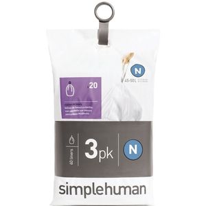 simplehuman CW0262 code N maatwerk afvalzakken, vuilniszakken, 45-50 liter, 3 x pak van 20 (60 afvalzakken), wit plastic