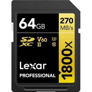 Lexar Professionele SDXC 1800x R:270MB/s W:180MB/s C10 (SDXC, 64 GB, U3, UHS-II), Geheugenkaart, Zwart