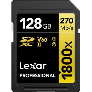 Lexar Pro 1800x R270/W180 128GB SDXC U3 (V60) UHS-II (SDXC, 128 GB, U3, UHS-II), Geheugenkaart, Zwart