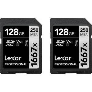 Lexar Professionele SDXC 1667x R:250MB/s W:120MB/s C10 (SD, 128 GB, U3, UHS-II), Geheugenkaart, Zilver