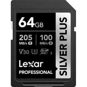 Lexar - Professioneel Zilver Plus - Geheugenkaart - Zilver/Zwart - 64 GB, U3, UHS-I, Leessnelheid 205MB/s, Schrijfsnelheid 150MB/s