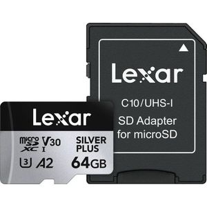 Lexar - Silver Plus - microSDXC Geheugenkaart - 64GB - Lezen 205MB/s, Schrijven 100MB/s, V30