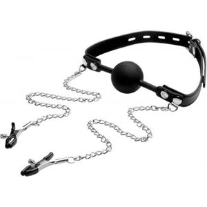 Strict Silicone Ball Gag mondknevel met tepelklemmen