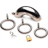 Locking Stainless Steel Chastity Cage w/ 3 Rings