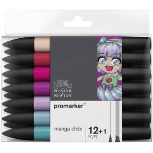 Winsor & Newton 0290141 Promarker, professionele lay-outmarker, 2 punten, fijn en breed voor tekeningen, vormgeving en lay-out, set van 12 Promarkers, Manga Chibi