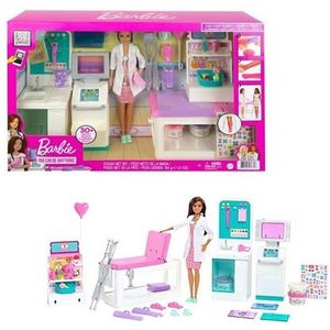 Barbie Snelgipskliniek Speelset, met Barbie dokterspop (brunette, 30 cm), meer dan 30 onderdelen, 4 speelplekken, gips- en verbandmateriaal, voor kinderen vanaf 3 jaar, GTN61