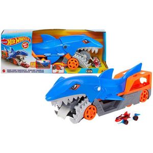 Hot Wheels Haaienoplegger Speelset met 1 auto (schaal 1:64) voor kinderen van 4 tot 8 jaar, Haaienbeet Transportwagen pakt auto's op met zijn kaken en bewaart er maximaal 5 in zijn buik, GVG36