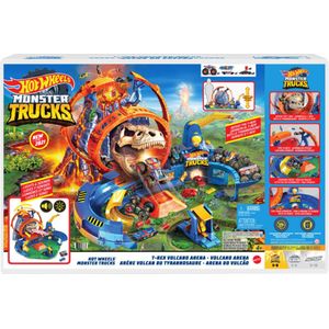Hot Wheels Monster Trucks, T-Rex vulkaan met 2 launchers, met lichten, geluiden en gespen, inclusief 1 monstertruck en 3 auto's, speelgoed voor kinderen vanaf 4 jaar, GYL14