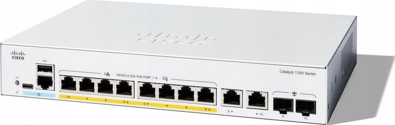 Cisco - Catalyst 1300 - Netwerkschakelaar - Grijs - 8 PoE-poorten, 10x RJ45, 2x SFP, 120W PoE-budget