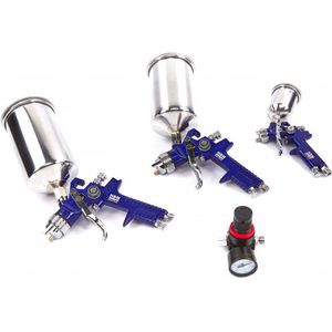 HBM - Professionele Verfspuitenset - 3 Spuiten - Aluminium Bekers - Luxe Koffer